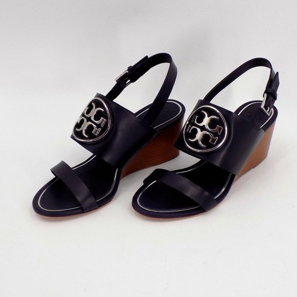 Tory Burch Wedge Sandals Size 6.5 Leather Black - Picture 1 of 12